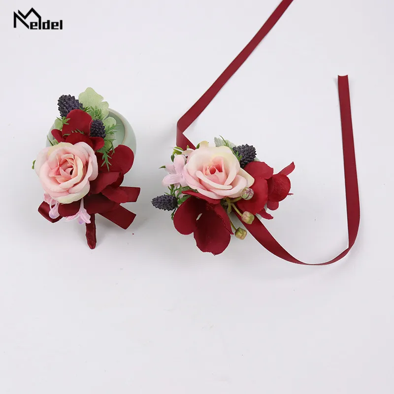 Meldel Rote Blume Boutonnieres für Groomsmen Brautjungfer Handgelenk Korsagen Blume Hochzeit Bräutigam Bouton Red Silk Rose Knopfloch