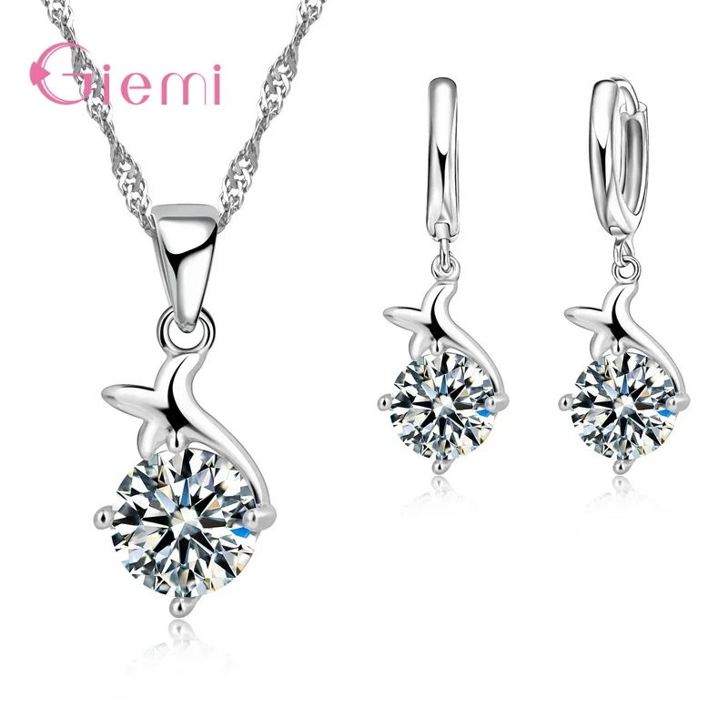 New 925 Sterling Silver Trendy Crystal Pendant Necklace Earrings Jewelry Set For Women Anniversary Gift Fashion Jewelry