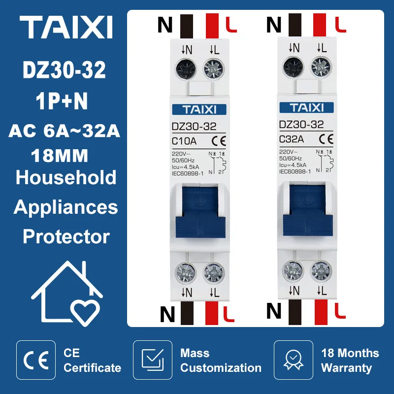 

Мини-автоматический выключатель TAIXI DZ30 MCB, 1P + N, 220 В переменного тока, 6 А, 10 А, 16 А, 20 А, 32 А, домашний автоматический выключатель воздуха, защита ...