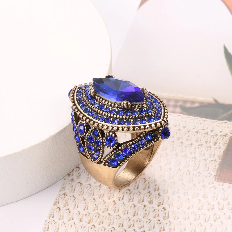 Kinel 2020 New Luxury Antique Ring For Women Vintage Look AAA Blue Crystal Boho Jewelry Gold Color Charm Ethnic Wedding Ring