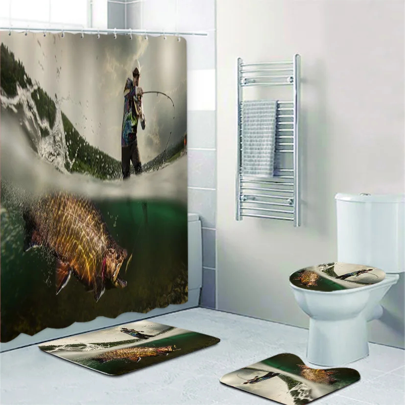 Cool Trout Fishing Fisherman with Rod Underwater Shower Curtain and Bath Rug Set Fisher Sport Bathroom Mats Toilet Accessories