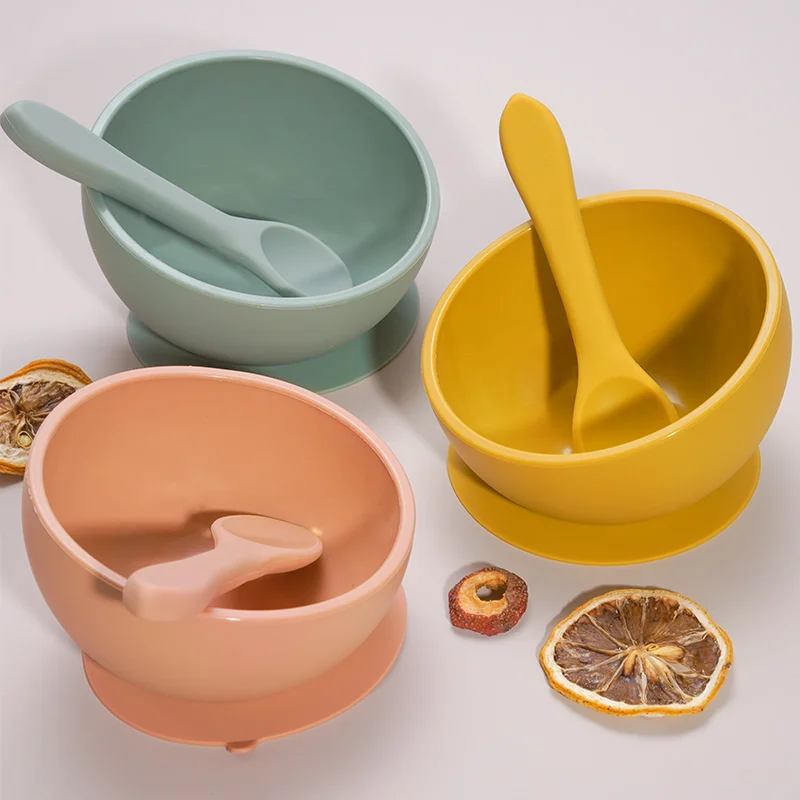 BPA Free Infant Feeding Tableware Set Baby Non Slip Sucker Bowl Toddler Training Plate With Soft Silicone Spoon.