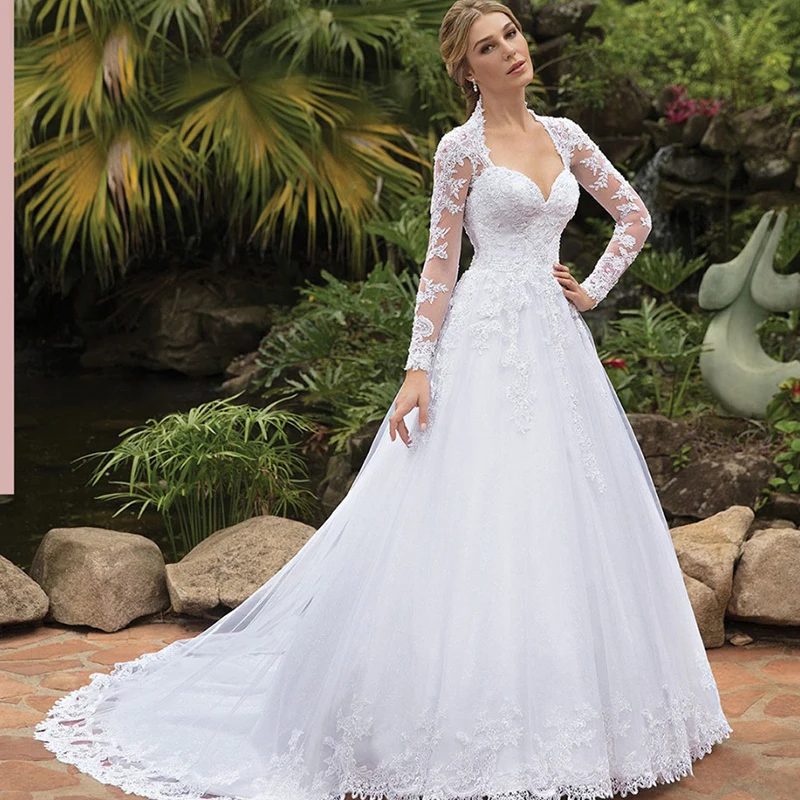 Fantástico tule rainha anne decote a linha vestidos de casamento com apliques de renda sexy vestido de noiva abita da cerimonia donna