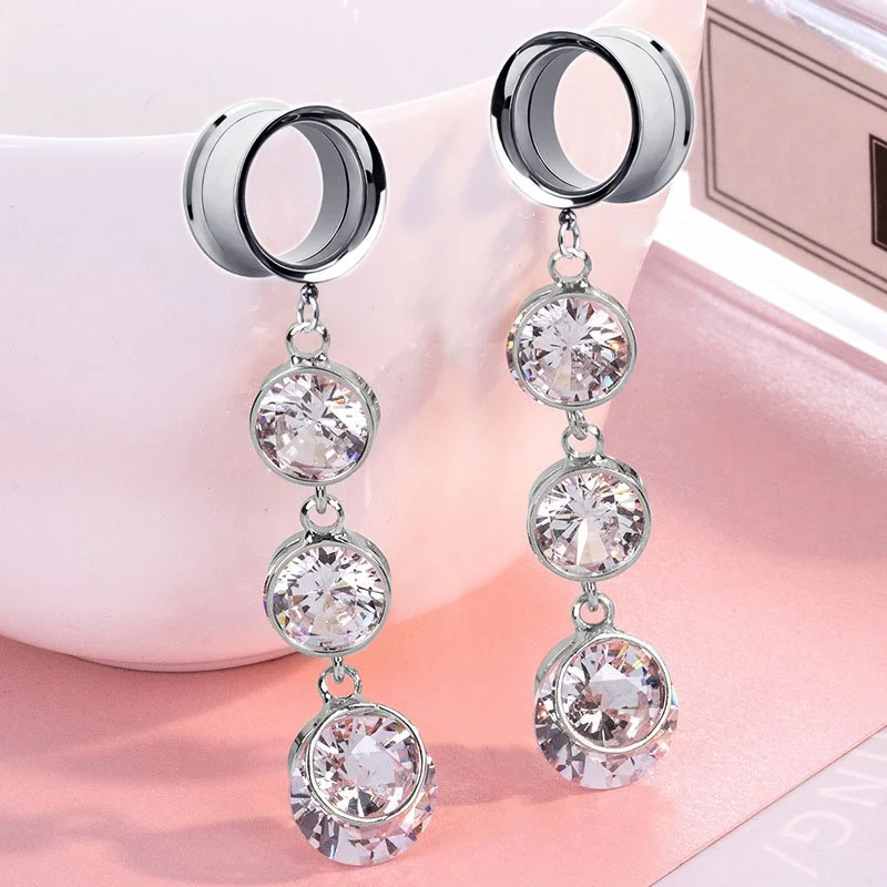 2pieces Stainless Steel Ear Tunnels Plugs and Tunnels Dilataciones Oreja Expansiones Oreja Ear Piercing Gem CZ Crystal Dangle