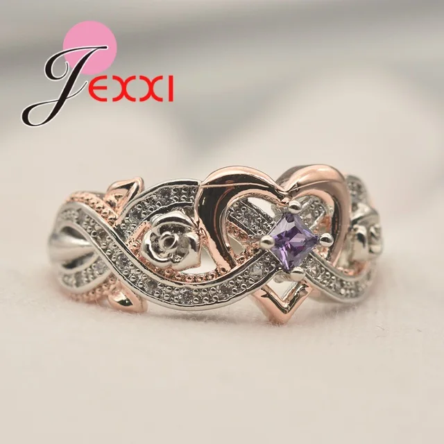 

Genuine 100% 925 Sterling Silver Purple CZ Crystal Finger Ring For Women Engagement Jewelry Heart Rose Pattern Rings