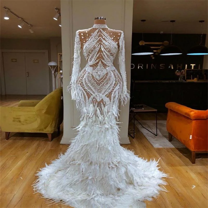 

More Feather Mermaid Celebrity Prom Dresses Long Sleeves Beads Evening Dress Custom Made Floor Length High Neck Party Gown