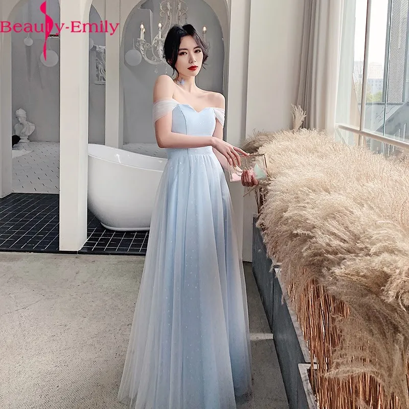 

Romantic Sky Blue Boat Neck Off the Shoulder Evening Dress Long Charming Sequined Sleeveless Zipper Back Formal Party Dress