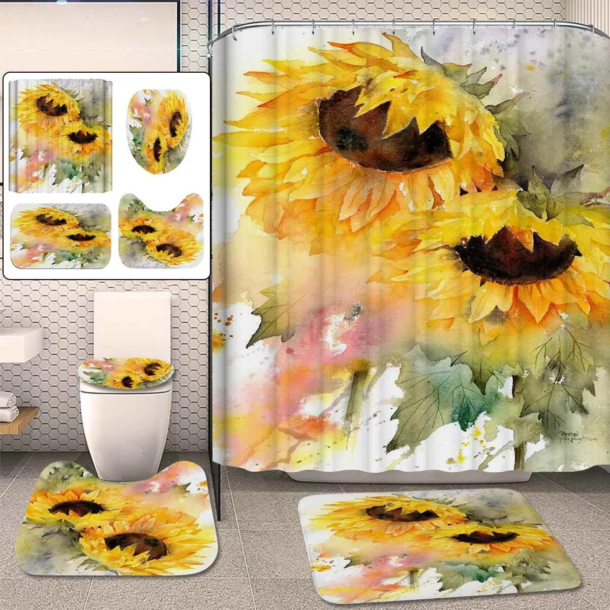 1/3/4Pcs Sunflower Bathroom Set Waterproof Shower Curtain Toilet Seat Cover  Home Decor Carpet Rugs Bath Mat Kits