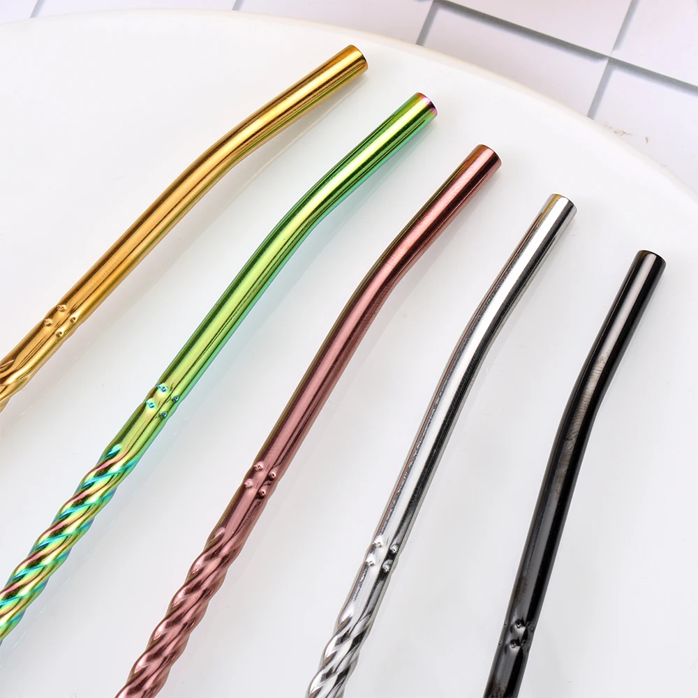 Long Twisted Straw Spoon Portable Stainless Steel Tea Scoop Bent Filter Colored Drinking Straw Cocktail Coffee Stirring Spoons