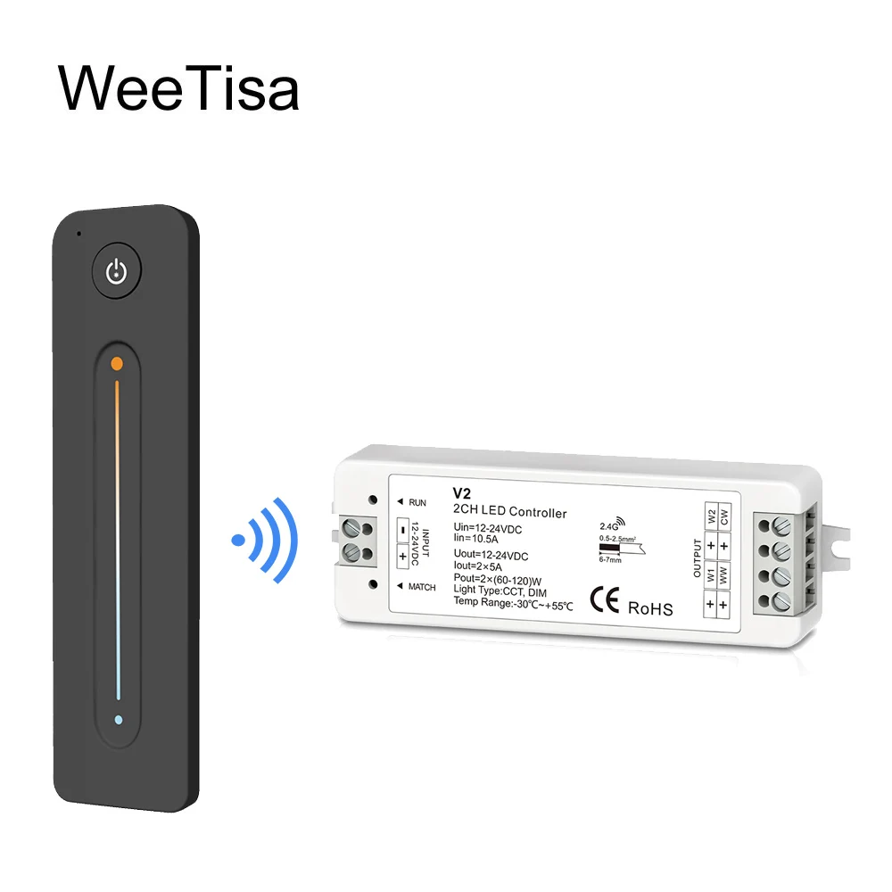 WW CW LED Controller CCT 2CH 12V 24V DC 10A LED Dimmer RF 2.4G Wireless Remote Control for Single Color Dual White LED Strip