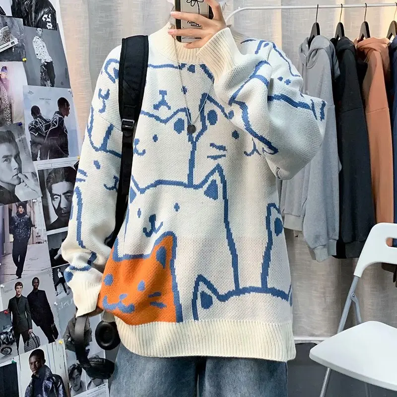 Japanese Style Vintage Sweater for Men Autumn Winter Warm Loose Knitted Sweater Round Neck Knitwear Pullovers d88