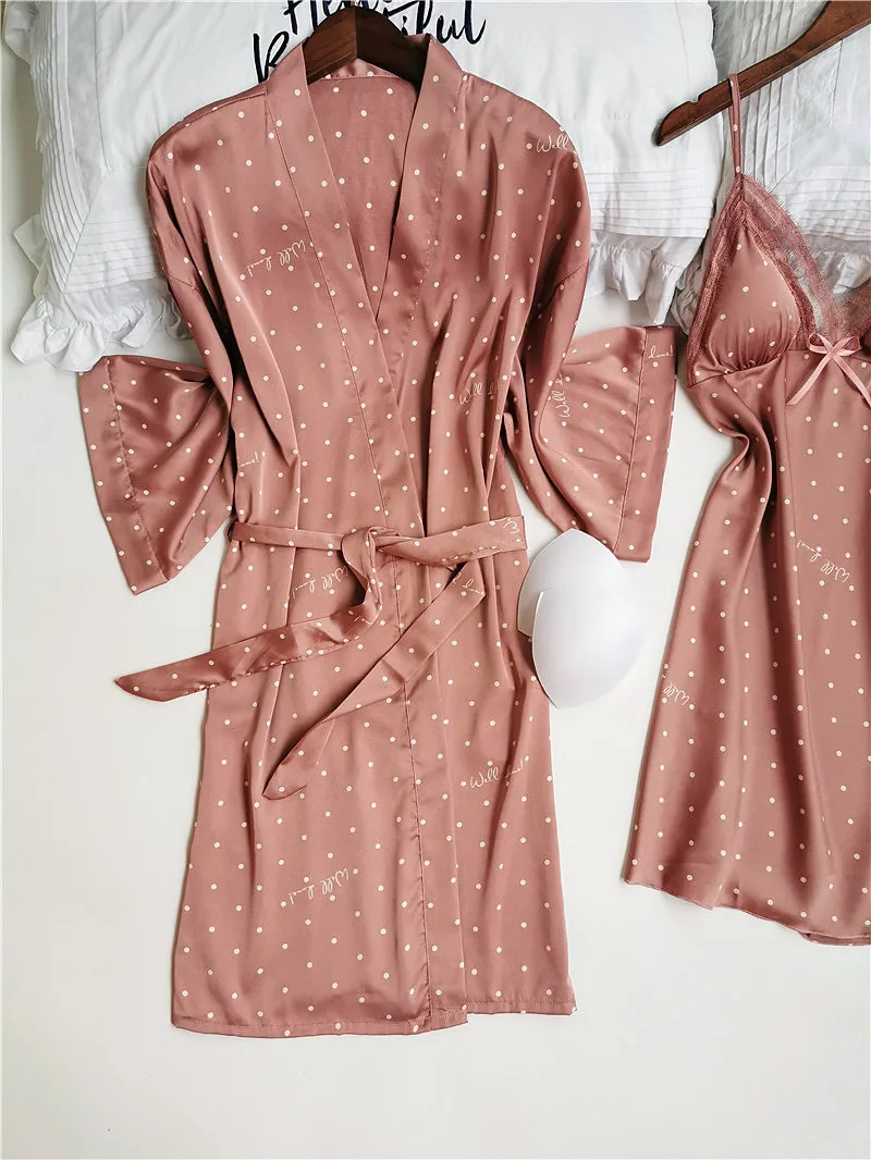 Polka Dot Female Robe Set Summer Sexy Strap Chest Pad Nightdress Cardigan Twinset Nightwear