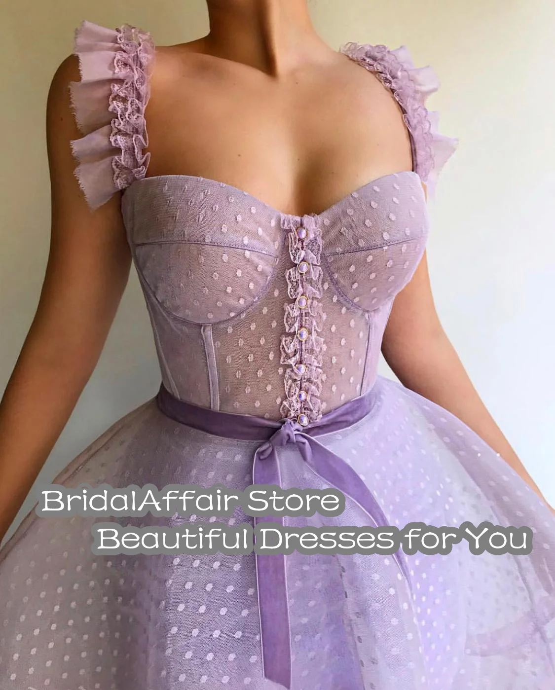 BridalAffair Lavender Tulle Maxi Prom Dresses Spaghetti Straps Floor Length A Line Wedding Party Dresses Open Back Evening Gowns