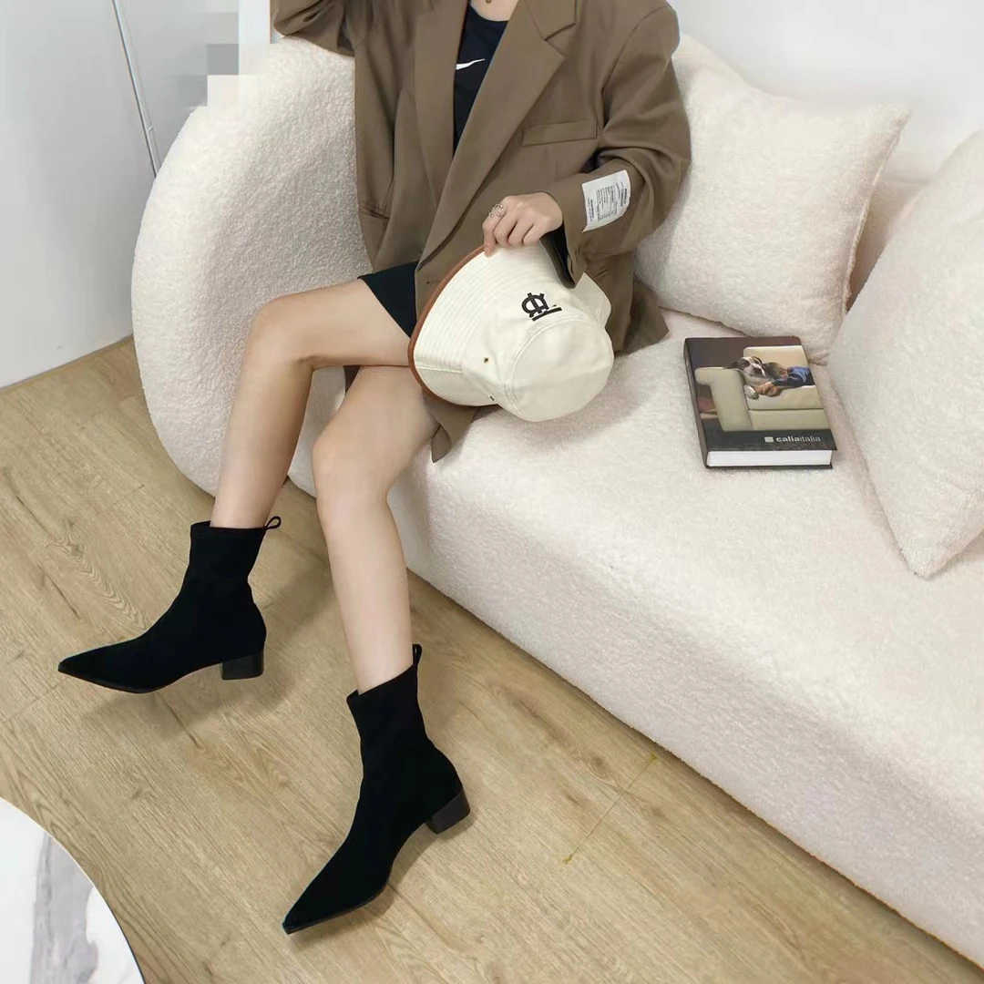 Women Sock Booties Winter Stretch Botas Thick Mid Heels Slip On High Quality Pointed Toe Short Winter Shoes Woman Green Shoes