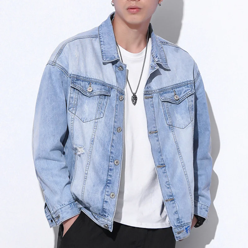 Spring Denim Jacket Personality Trend Soft Embroidery Printing Korean Version Handsome Small Fresh Men's Light Blue Plus Size