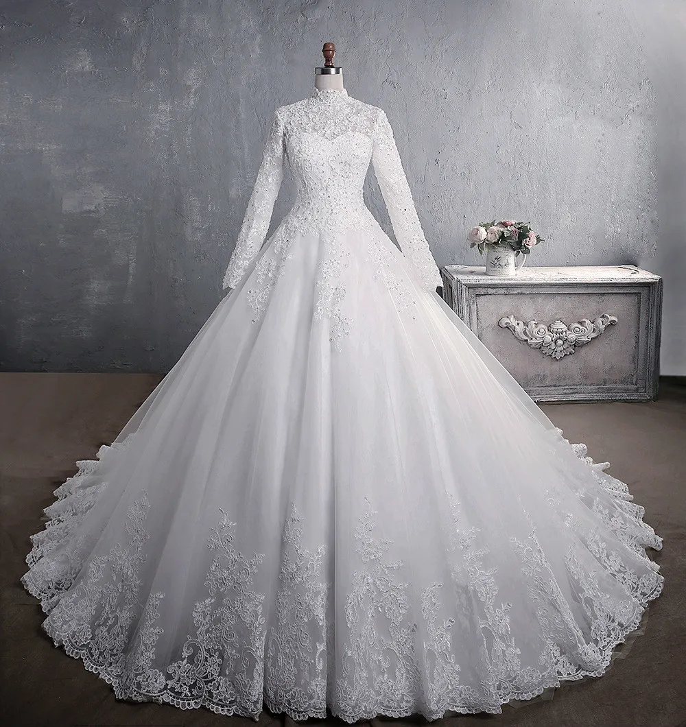 Novo romântico doce elegante princesa luxo rendas vestido de casamento 100 cm mangas compridas apliques celebridade vestido de baile