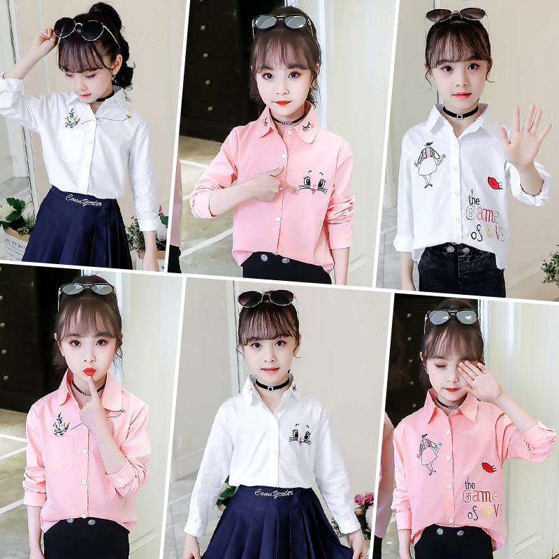 

Hot Sale Children Long Sleeve Shirt Cotton Girls Blouse Cartoon Cat White Shirts Teenage School Girl Clothes 8 To 12 Bottom Tops