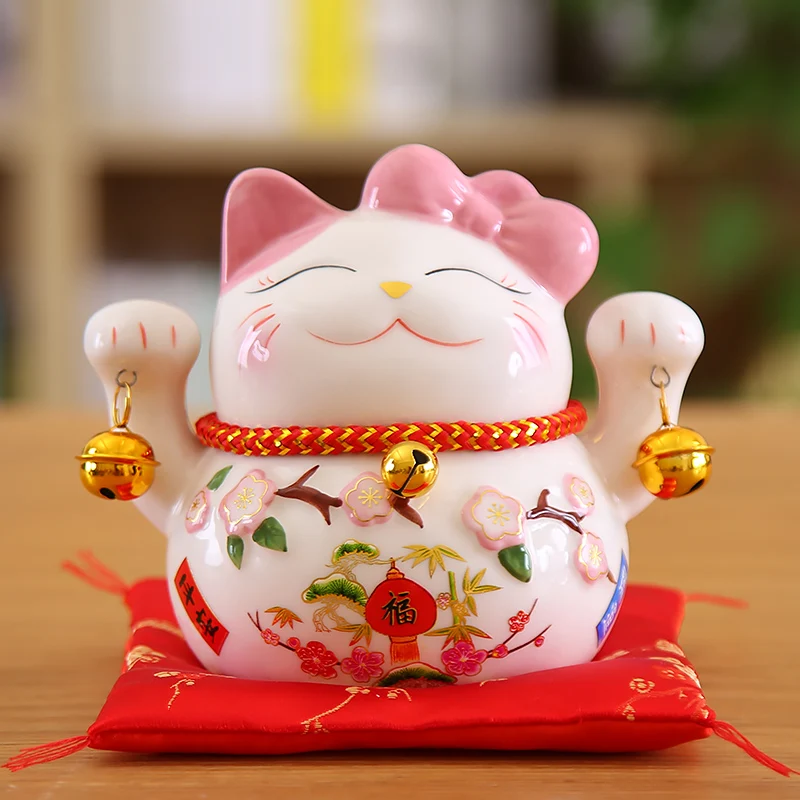 5 Inch Maneki Neko Lucky Cat Ornament Ceramic Fortune Cat Statue Home Decorative Gift Feng Shui Beckoning Cat Piggy Bank