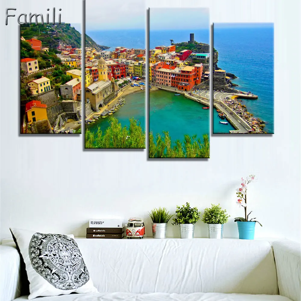 4 Pcs/Set Framed HD Printed Italy Landscape Wall Art Canvas Pictures For Living Room Bedroom Home Decor Canvas Painting