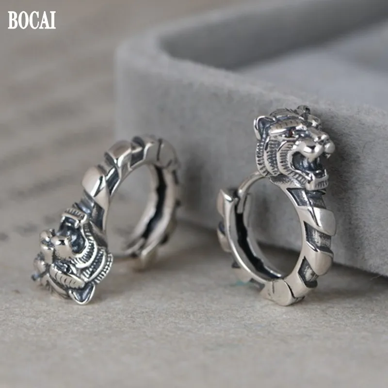 BOCAI nowe prawdziwe S925 czyste srebro biżuteria moda Retro kobieta kolczyki prosta sztuka głowa tygrysa męskie kolczyki — zdjęcie 3
