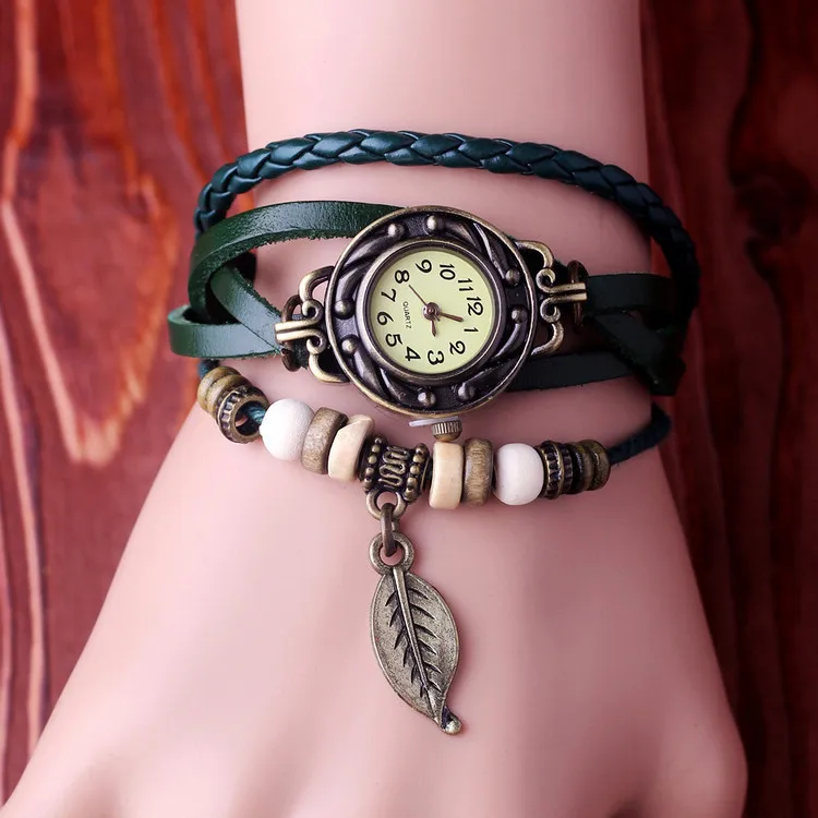 Reloj Vintage de cuero de vaca para mujer, pulsera de cuarzo con cuentas Vogue, Estilo Vintage, kz010