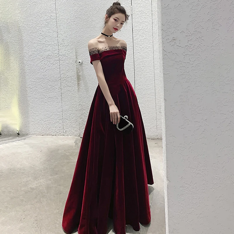 Evening Dresses Off the Shoulder Dots Burgundy Velour Pleat A-line Floor-length Plus size Customized Lace up Formal Dress A001