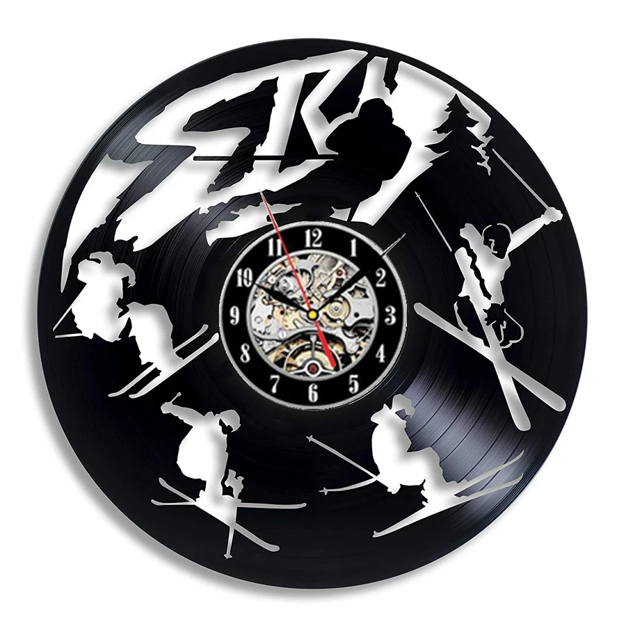 Ski Snow Wall Clock Modern Design Vintage Vinyl Record Wall Clock Snowboarding Hanging Watch Home Decor 12 inch Gifts for Skier