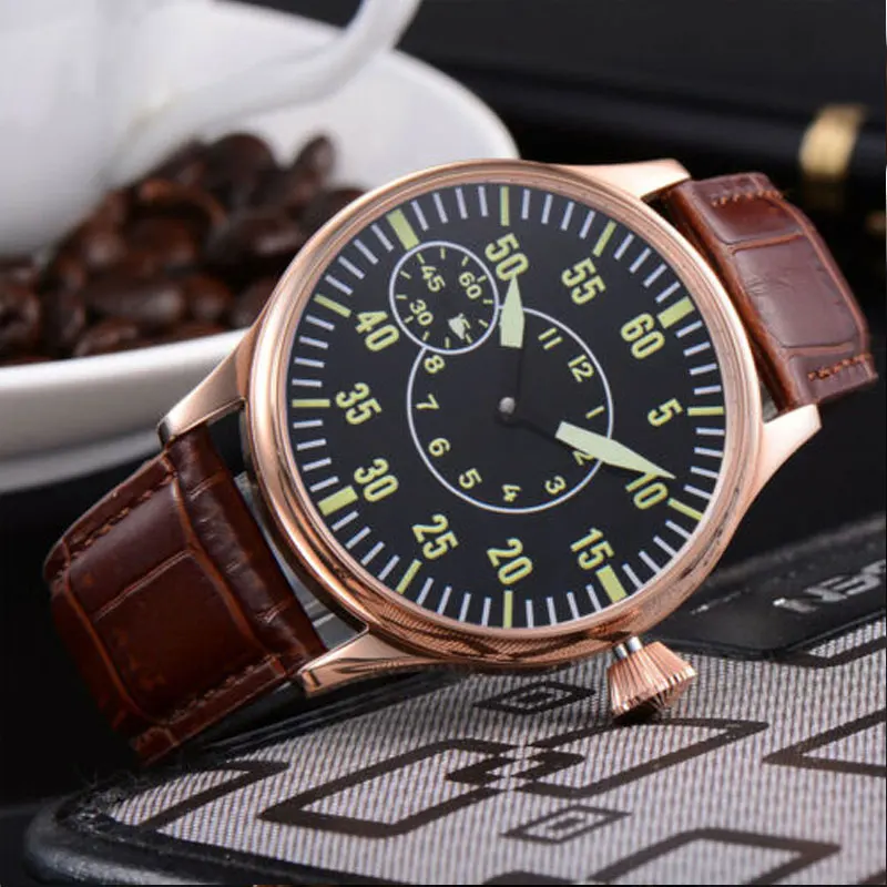 Corgeut 44mm Mens Wristwatch Luminous Rosegold Case Green Number 3600 Hand Winding Movement Mechanical Fashion Watch 6497