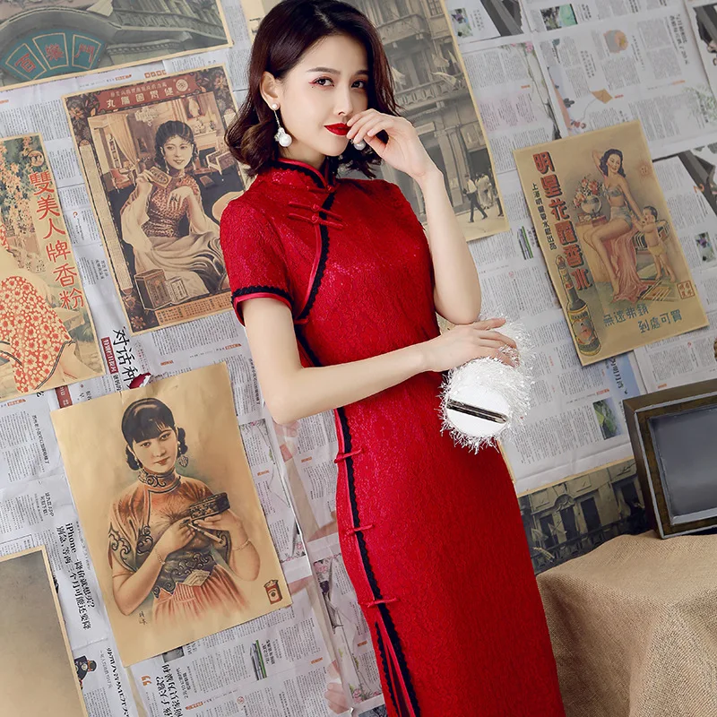 

2020 Modern Cheongsam Women Short Lace Qipao Chinese Dress Qi Pao Party Vintage Elegant Dress High Quality Improve new arrival