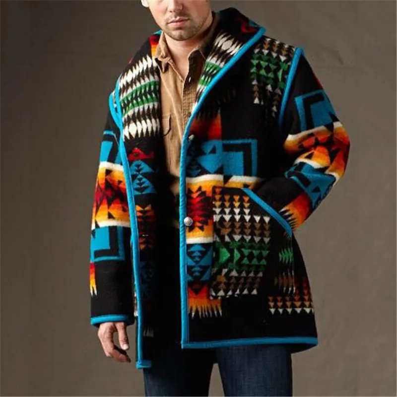 Men Woolen Blend Coat Full Sleeve Printed Fashion Polo Collar Woolen Jacket Coat Autumn Winter Thick Warm Single Breasted