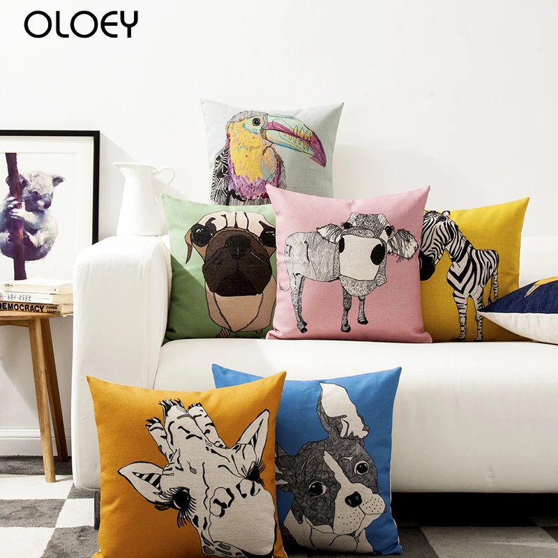 

Nordic Cartoon Animal Cushion Cover Red Yellow Bird Cat Pillow Cover Home Decorative Linen Pillow Case Office Sofa Cushion Cover