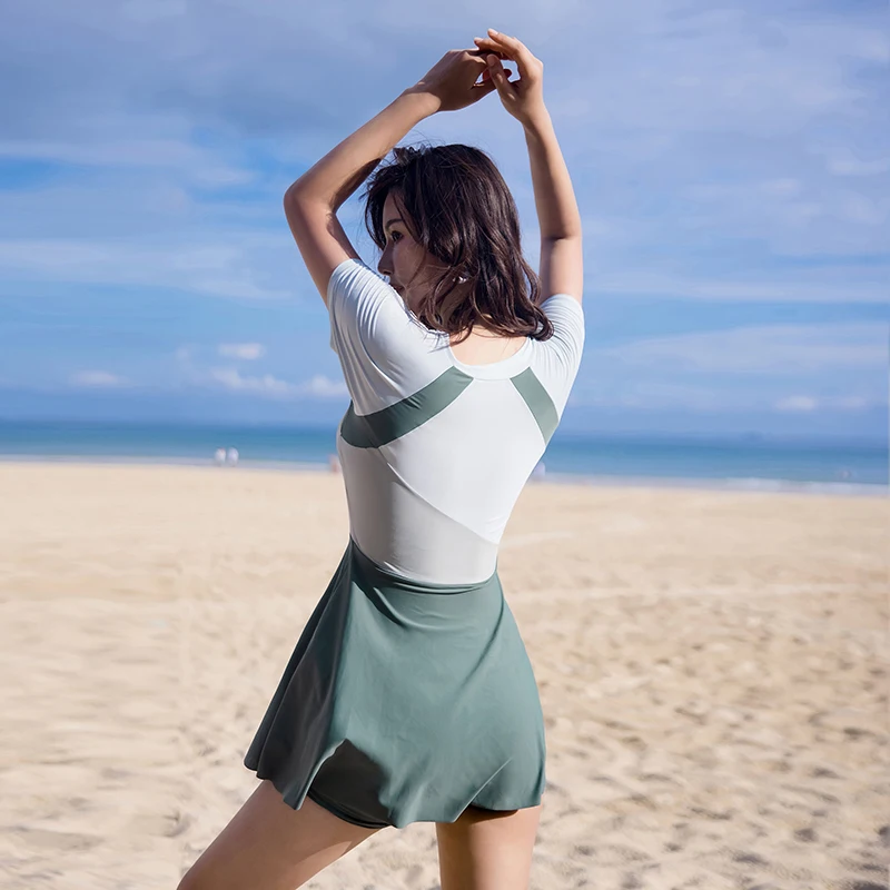 One Piece Swimsuit Women Swimwear Patchwork Female Bathing Suit Bodysuit Swim Wear Beach Short Sleeve Zipper 2021 New With Skirt