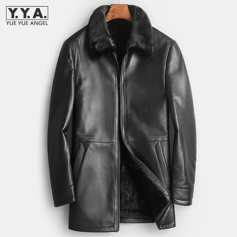 Winter Men Mink Fur Lining Mid Long Jacket High Quality Sheepskin Genuine Leather Jacket Thick Warm Business Casual Overcoat 5XL