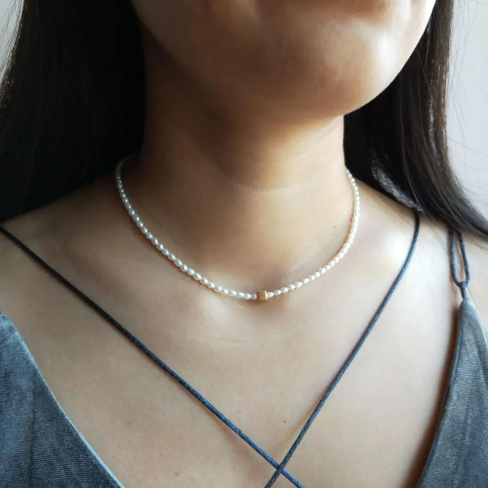 LiiJi Real Freshwater Pearl 2-4mm Rice Shape 925 Sterling Silver Cube Delicate Choker Necklace 40cm/45cm/50cm Dropshipping