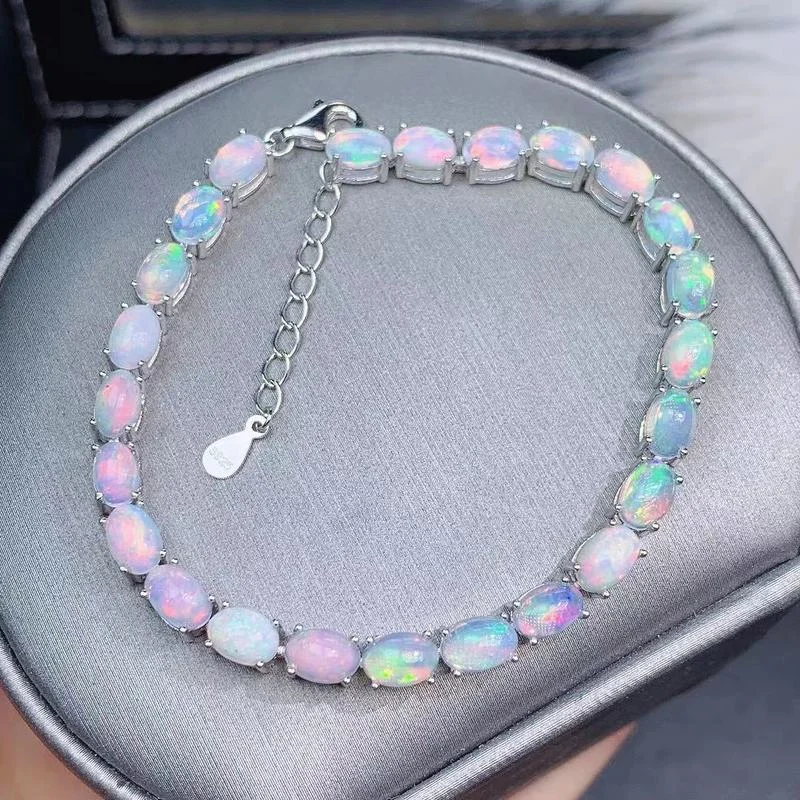 Jewelry Natural Opal Bracelet for Daily Wear  4*6mm Opal 925 Silver Opal Silver Bracelet 925 Silver Opal Jewelry