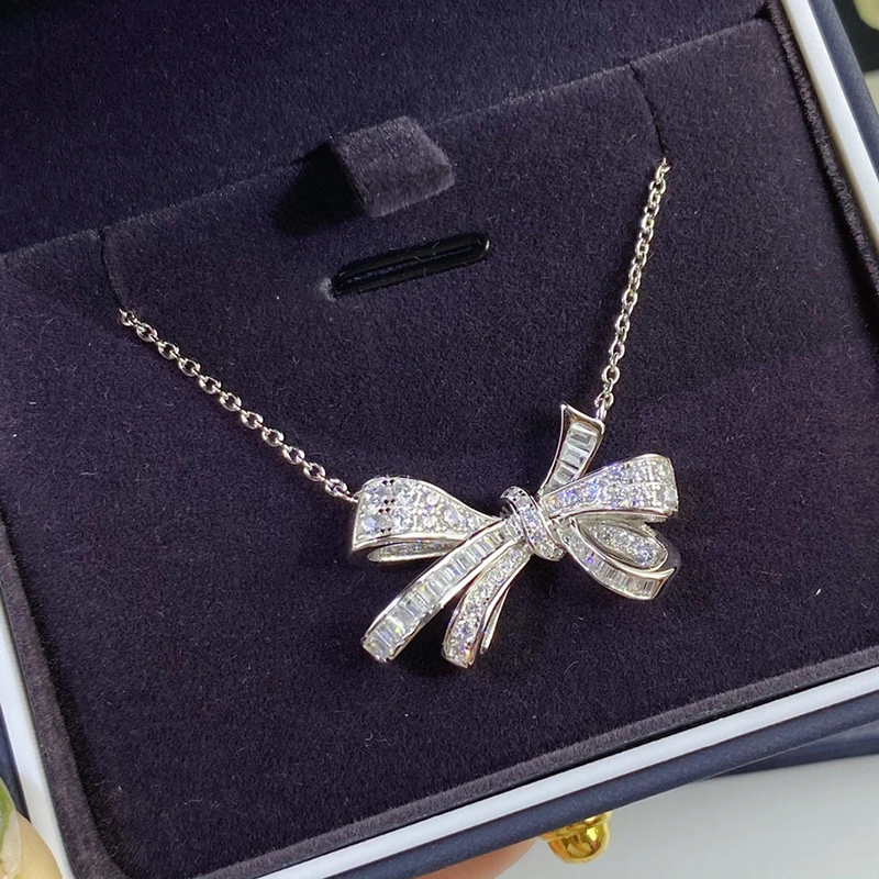 Luomansi Super Flashing Bowknot Diamond S925 Silver Necklace Fine Jewelry Wedding Party Birthday Romantic Woman Gift