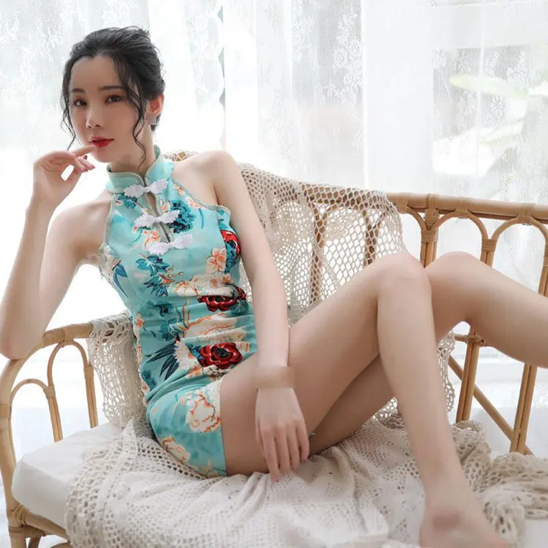 Women Elegant Split Chinese Retro Cheongsam Nightdress Floral Pattern Sexy Temptation Qipao Party Slim Mini Dress