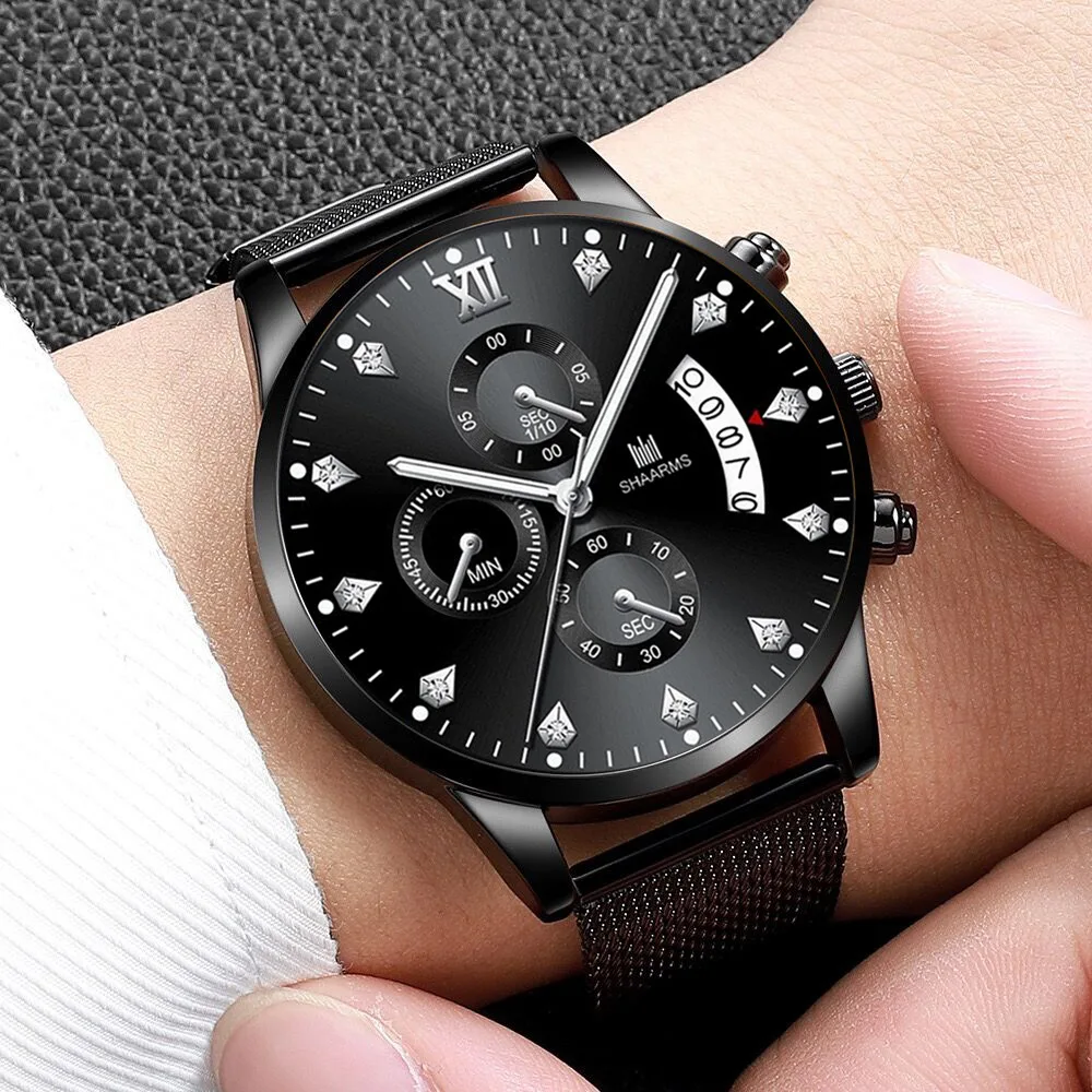 New Fashion Men Military Business Calendar Watch Stainless Steel Mesh Watches Women\'s Luxury Brand Quartz Watch Guaranteed Sale