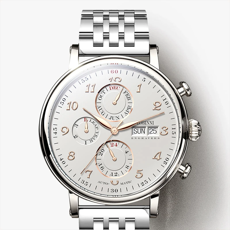 LOBINNI Top Brand Mens Dress Mechanical Watch 316L Stainless Steel Automatic Watches Sapphire Glass Multifunctinction Wristwatch