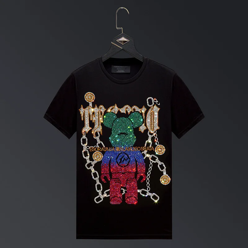 

Plus Size 6XL 2024 colorful Bear Rhinestones T Shirts Men Short Sleeve Fashion Man Streetwear Modal Cotton O Neck Slim Tshirts