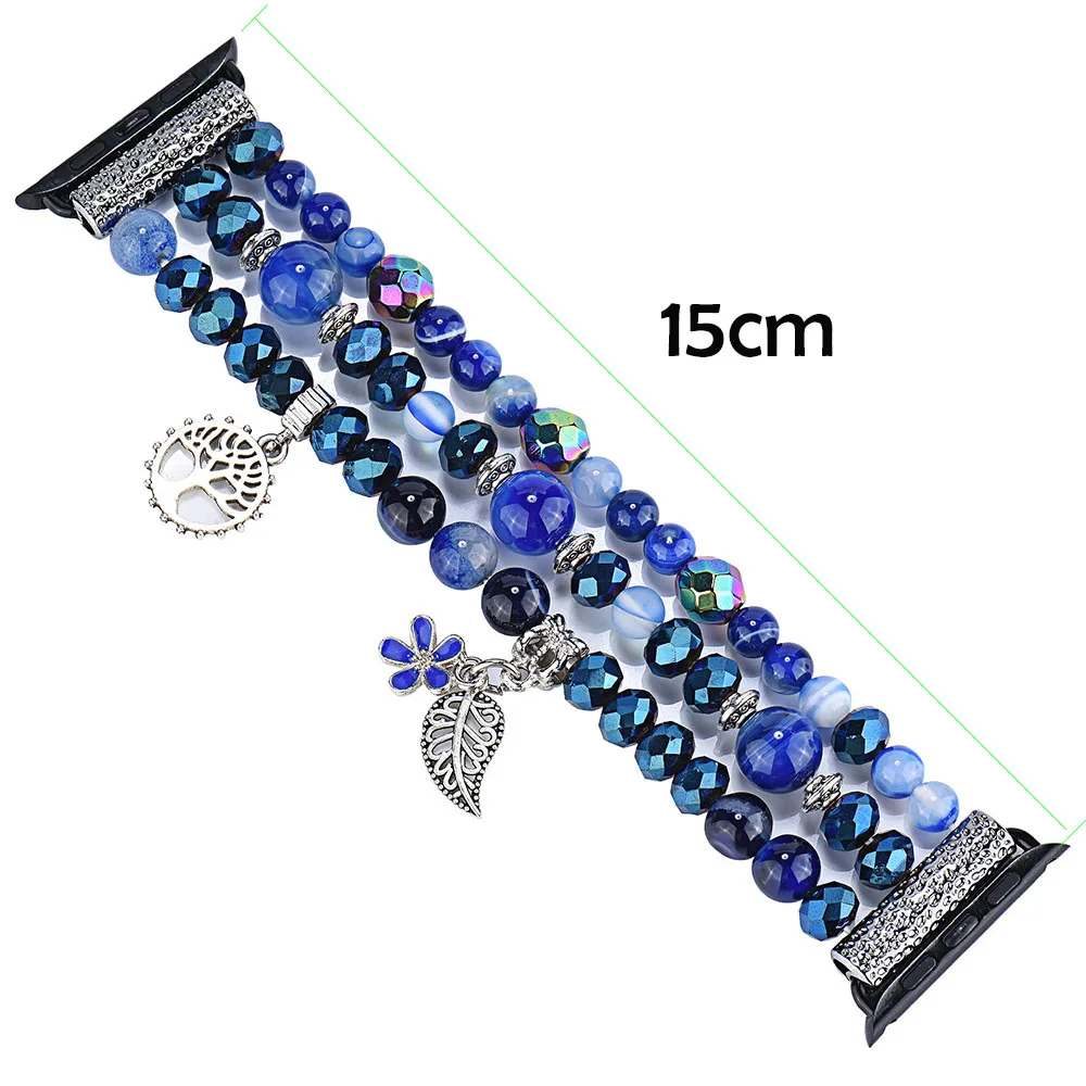 Blue Luxury Woman Bands for Apple Watch Bracelet 42mm 44mm iWatch 9 8 7 5 4 3 Bling Wristband Beads Diamond Case Cover 38mm 40mm