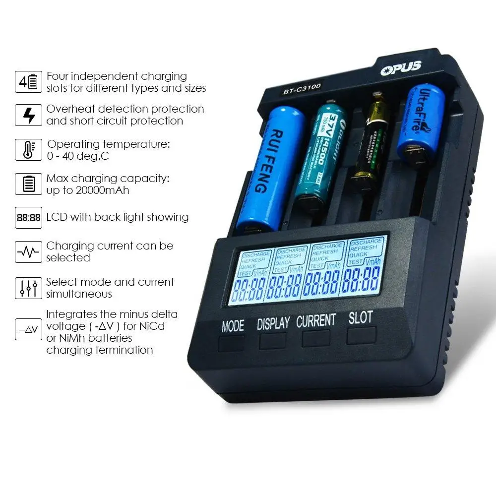 Imagem -04 - Opus Bt-c3100 2.2v Digital Inteligente Slots Lcd Carregador de Bateria com Detecção de Superaquecimento Quatro Modos de Trabalho Indicador Led