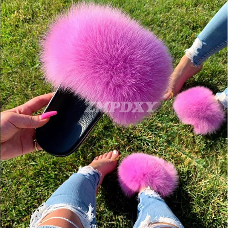 Rainbow Fur Slides Women Furry Plush Raccoon Fox Fur Slippers Indoor Flat Non-slip Summer Beach Flip Flops Large Size Sandals