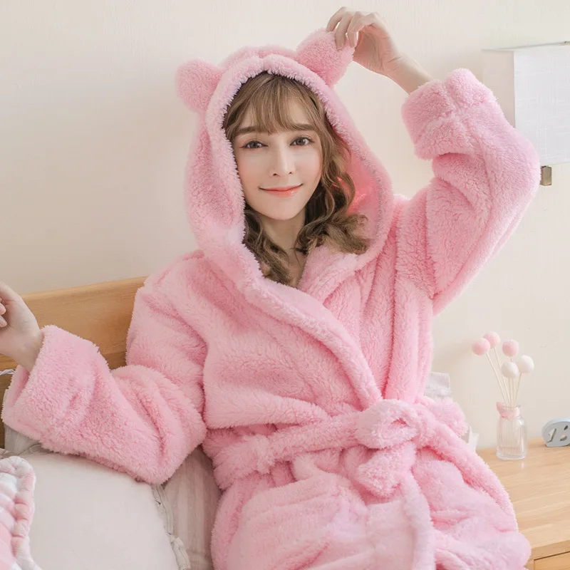 

Cotton Velvet Robe Bathrobe Lovely Nightgown Flannel Pajamas Hooded Warm Sleepwear Long Sleeve Solid Lounge Negligee Pajamas