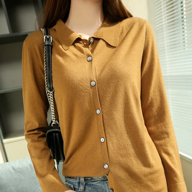 Hot Sale Women 100% Worsted Wool Cardigan Female Elasticity Thin Knitted Cardigans New Turn-down Collar Lady Tops Spring Autumn