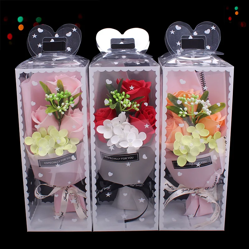 3pc/box Soap Flower Eternal Rose Valentine\'s Day Present Gifts Creative Birthday Gift Handmade Soap Rose Bouquet with PVC Box