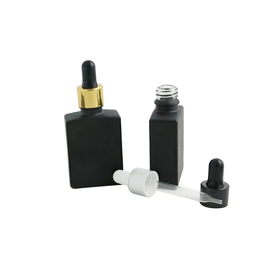 

200pcs/lot 30ml Frost Black Square Flat Glass Bottle with Aluminum Dropper 1oz Empty Matte Black Essential Oil Dropper Bottle