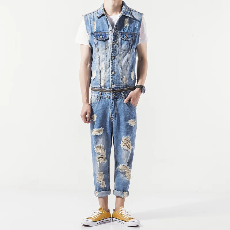 Summer Mens New Sleeveless Denim Jumpsuit Casual Cowboy Slim Fit Hole Ripped Romper Jeans Pants Male Zip One Piece Bib Overalls