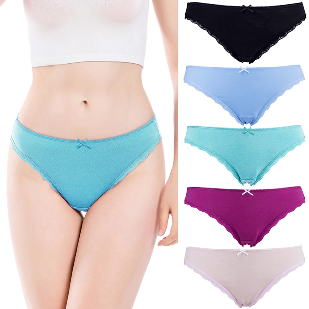 Charmleaks Women’s Fashion Cotton Underwear Lace Bikini Comfort Non-marking Briefs Bowknot Soft Elastic Mid-waist Briefs 5PCS