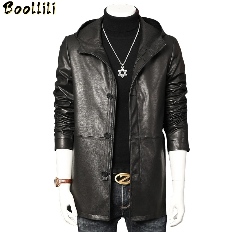 

Mens Genuine Boollili Leather Jacket Spring Autumn 100% Real Goatskin Leather Coat Hooded Chaqueta Cuero Hombre 2023